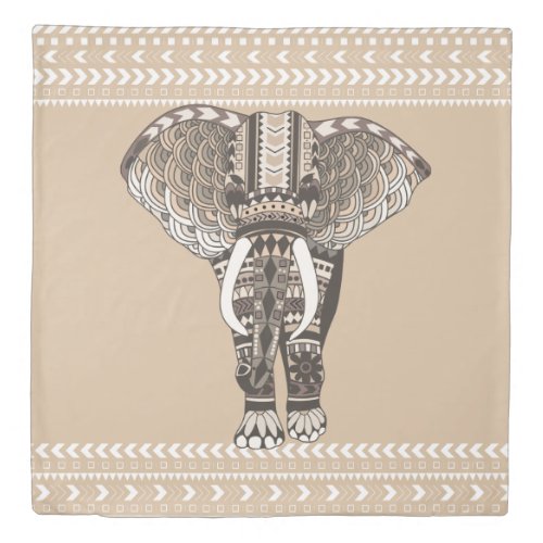 Bohemian Tribal Elephant Taupe and White Duvet Cover