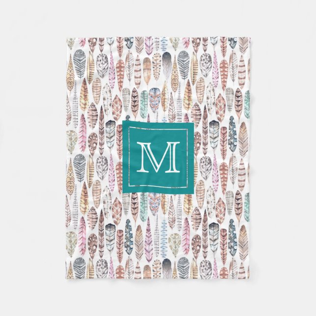 Bohemian Tribal Watercolor Feathers Monogram Fleece Blanket (Front)