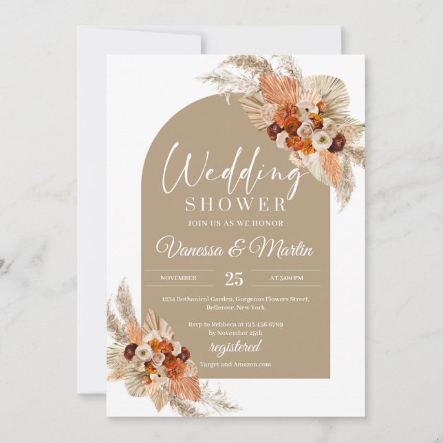 Bohemian tropical arch terracotta flowers burgundy invitation (Front)