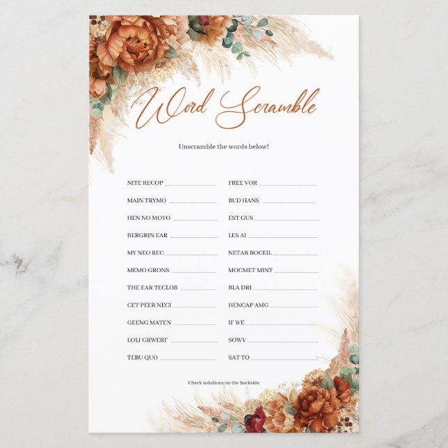 Bohemian tropical beach terracotta Word Scramble (Front)