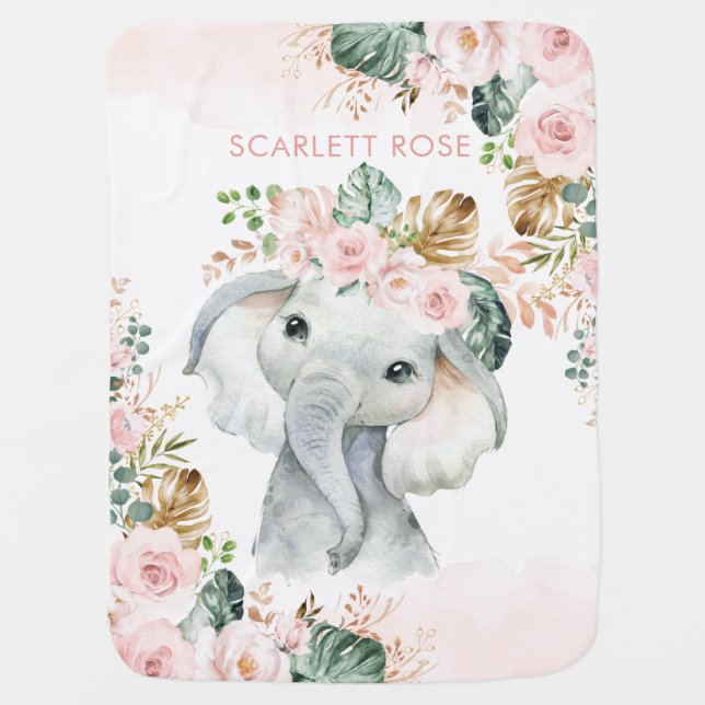 Bohemian Tropical Elephant Blush Pink Rose Baby Blanket (Front)