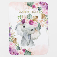 Bohemian Tropical Elephant Blush Purple Flowers Baby Blanket