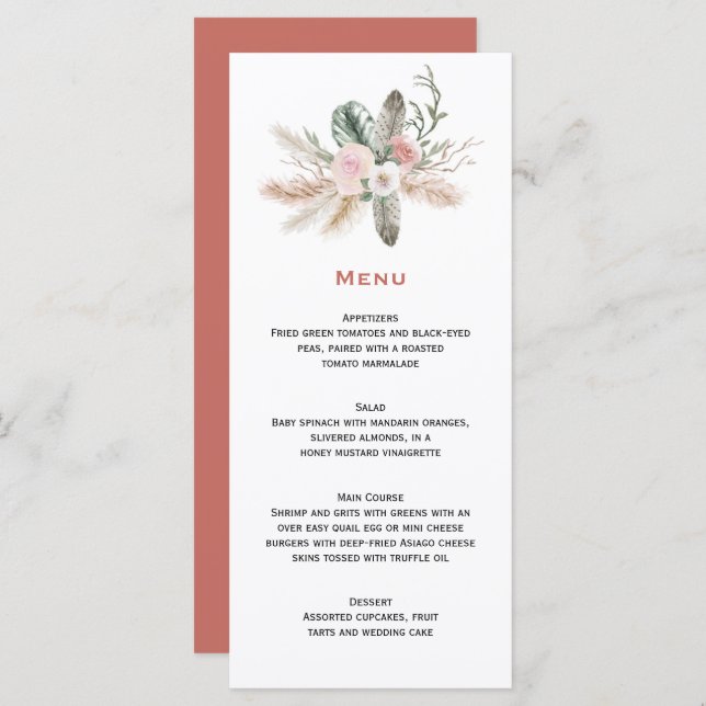 Bohemian Tropical Feathers Pampas Grass Wedding Menu (Front/Back)