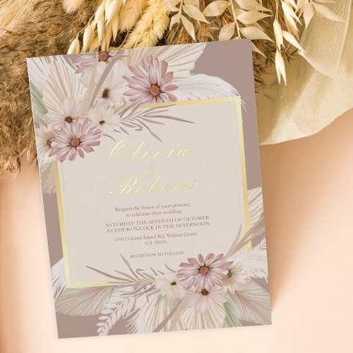 Bohemian Tropical floral Frame Wedding  Foil Invitation