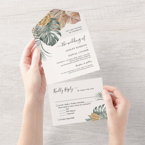 Bohemian Tropical Leaves Wedding All In One Invitation - These "Bohemian Tropical Leaves Wedding All in One Invitations" are designed with an easy to tear off perforated RSVP postcard. Just simply fold each card into the outlined shape, and then seal and send - no envelope needed for shipping.