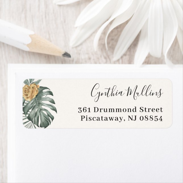 Bohemian Tropical Monstera Leaves Return Address Label (Insitu)