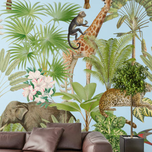 Bohemian Tropical Safari Animals Palms Pattern Wallpaper