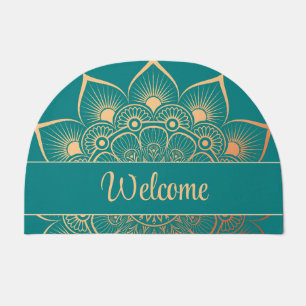 Bohemian Turquoise and Peach Mandala Custom Text Doormat
