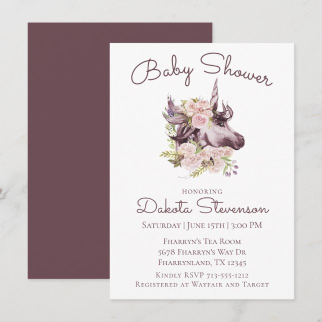 Bohemian Unicorn Baby Shower | Wine Boho Floral Invitation (Front/Back)