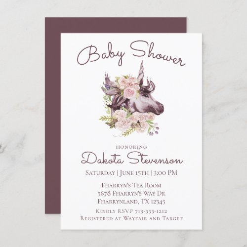 Bohemian Unicorn Baby Shower  Wine Boho Floral Invitation