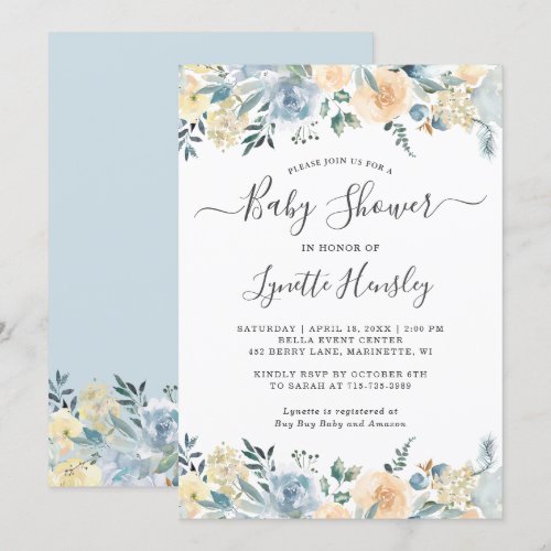 Bohemian Vanilla Blue Floral Baby Shower Invitation