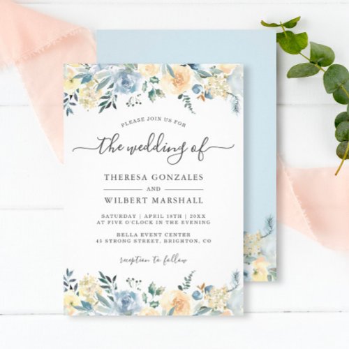Bohemian Vanilla Blue Floral Spring Wedding Invitation
