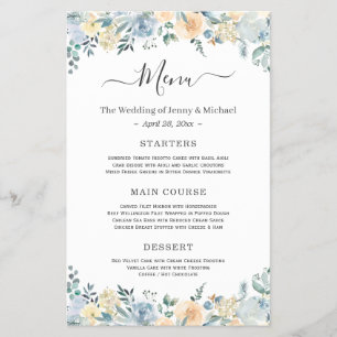 Bohemian Vanilla Blue Floral Wedding Menu Flyer