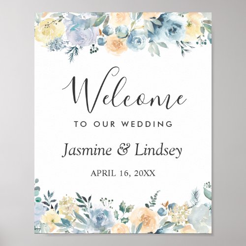 Bohemian Vanilla Blue Floral Wedding Welcome Sign