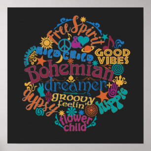 Bohemian Vibes Word Cloud Colorful Typographic Poster