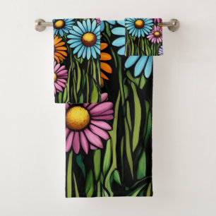 Bohemian Vibrant Daisies - Stained Glass Look Bath Towel Set