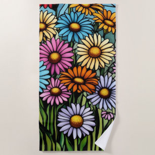 Bohemian Vibrant Daisies - Stained Glass Look Beach Towel