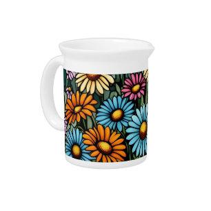 Bohemian Vibrant Daisies - Stained Glass Look Beverage Pitcher