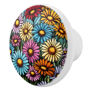 Bohemian Vibrant Daisies - Stained Glass Look Ceramic Knob