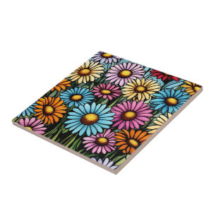 Bohemian Vibrant Daisies - Stained Glass Look Ceramic Tile