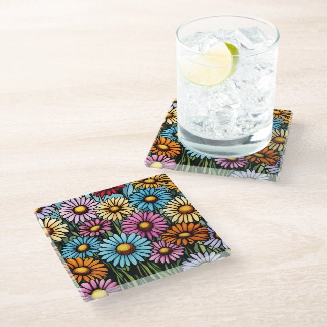 Bohemian Vibrant Daisies - Stained Glass Look Coaster (Angled)