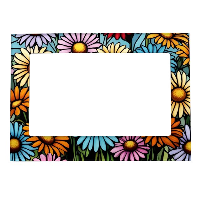 Bohemian Vibrant Daisies - Stained Glass Look Magnetic Frame (Front)