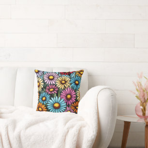 Bohemian Vibrant Daisies - Stained Glass Look Throw Pillow