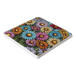Bohemian Vibrant Daisies - Stained Glass Look Trivet