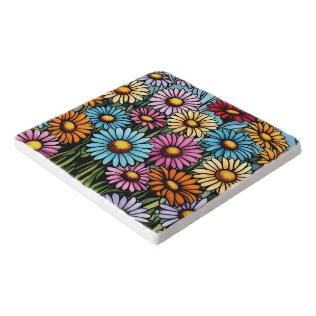Bohemian Vibrant Daisies - Stained Glass Look Trivet (Corner)