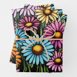 Bohemian Vibrant Daisies - Stained Glass Look Wrapping Paper Sheets