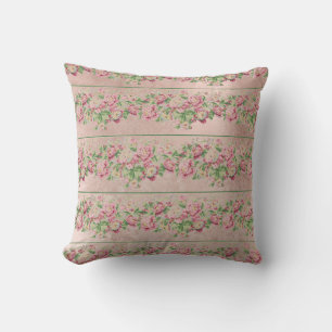 Bohemian Vintage English Roses Mint Pink Flowers Throw Pillow