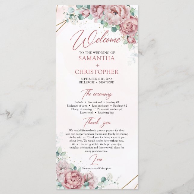 Bohemian vintage roses peonies eucalyptus gold  program (Front)