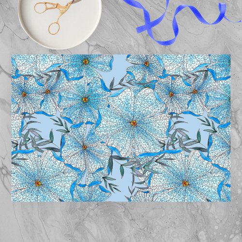 Bohemian Watercolor and Ink Blue Flowers Leaves  Tissue Paper