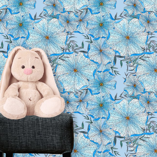 Bohemian Watercolor and Ink Blue Flowers Leaves Wallpaper (Creator Uploaded)