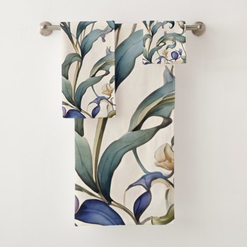 Bohemian Watercolor Blue Floral Bath Towel Set