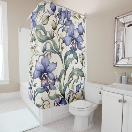 Bohemian Watercolor Blue Floral Shower Curtain