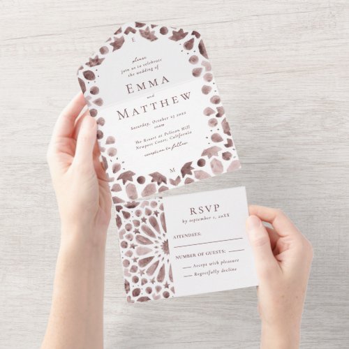 Bohemian Watercolor Brown Tile Wedding All In One Invitation