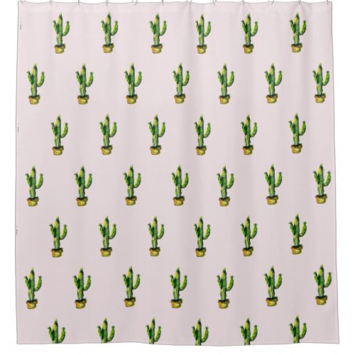 Bohemian Watercolor Cactus  on Blush Pink Shower Curtain