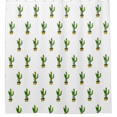 Bohemian Watercolor Cactus  on White Shower Curtain