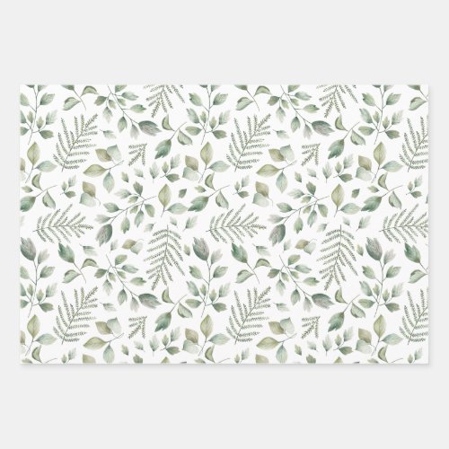 Bohemian Watercolor Eucalyptus and Ferns Pattern Wrapping Paper Sheets