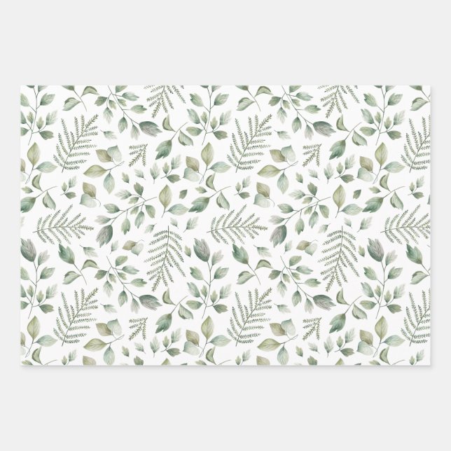 Bohemian Watercolor Eucalyptus and Ferns Pattern Wrapping Paper Sheets (Front)