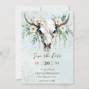 Bohemian Watercolor Floral Cow Skull Wedding Save The Date