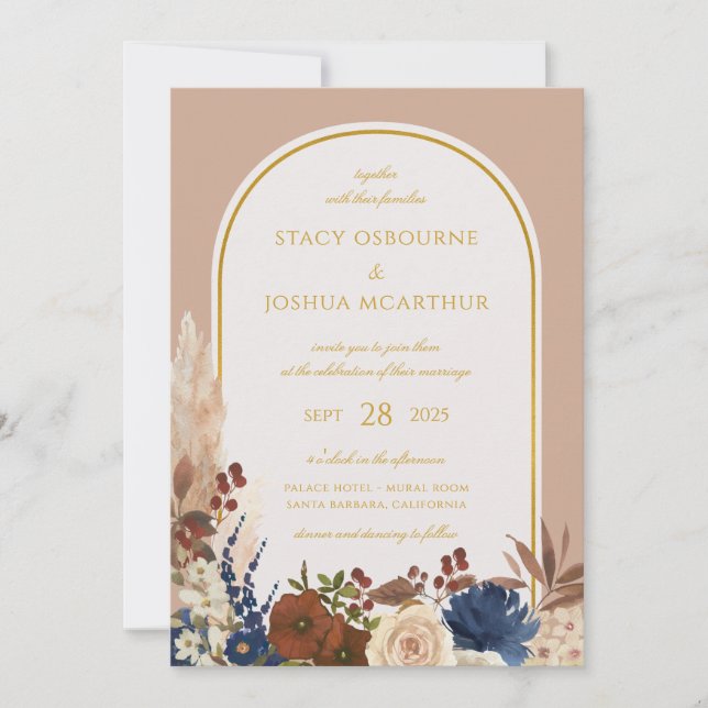 Bohemian Watercolor Floral Pampas Wedding Invitation (Front)