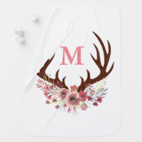 Bohemian Watercolor Flowers & Deer Antlers Initial Baby Blanket