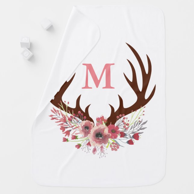 Bohemian Watercolor Flowers & Deer Antlers Initial Baby Blanket (In Situ)
