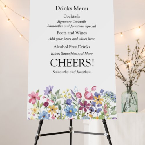 Bohemian Watercolor Garden Flowers  Drinks Menu Foam Board