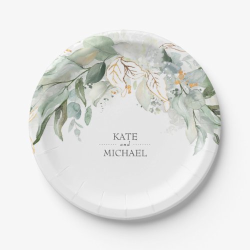 Bohemian Watercolor Greenery and Gold Leaves Paper Plates