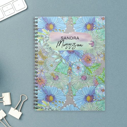 Bohemian Watercolor Large Stylized Garden Flowers Notebook