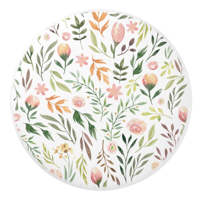Bohemian Watercolor Leaves and Flowers Ceramic Knob (Front)