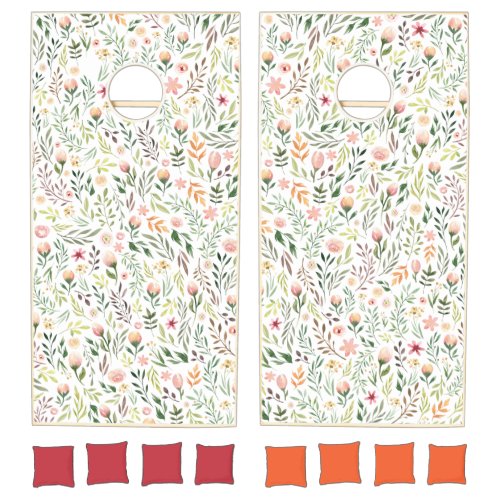 Bohemian Watercolor Leaves and Flowers Cornhole Set